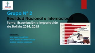 Grupo Nº 2
Realidad Nacional e Internacional
Tema: Exportación e Importación
de Bolivia 2014, 2015
Integrantes
Ariel López VILLAGOMEZ
MARY JHENNY MAMANI CHOQUE
GABRIEL MELGAR RODRIGUEZ
 