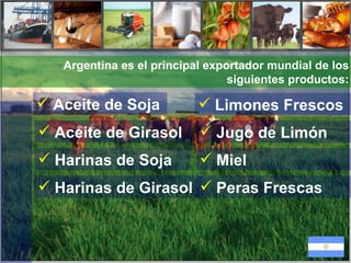 Argentina es el principal exportador mundial de los siguientes productos: Aceite de Soja Aceite de Girasol Harinas  de Soja Harinas  de Girasol Limones Frescos Jugo de Limón Miel Peras Frescas 