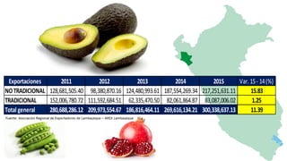 Exportaciones 2011 2012 2013 2014 2015 Var. 15- 14(%)
NOTRADICIONAL 128,681,505.40 98,380,870.16 124,480,993.61 187,554,269.34 217,251,631.11 15.83
TRADICIONAL 152,006,780.72 111,592,684.51 62,335,470.50 82,061,864.87 83,087,006.02 1.25
Total general 280,688,286.12 209,973,554.67 186,816,464.11 269,616,134.21 300,338,637.13 11.39
 