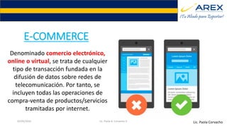 E-COMMERCE
Denominado comercio electrónico,
online o virtual, se trata de cualquier
tipo de transacción fundada en la
difusión de datos sobre redes de
telecomunicación. Por tanto, se
incluyen todas las operaciones de
compra-venta de productos/servicios
tramitadas por internet.
Lic. Paola Corvacho02/05/2016 Lic. Paola A. Corvacho V.
 