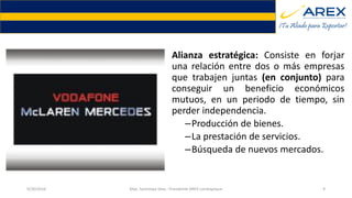 Modalidades
Alianza estratégica: Consiste en forjar
una relación entre dos o más empresas
que trabajen juntas (en conjunto) para
conseguir un beneficio económicos
mutuos, en un periodo de tiempo, sin
perder independencia.
–Producción de bienes.
–La prestación de servicios.
–Búsqueda de nuevos mercados.
9/20/2016 Max. Santolaya Silva - Presidente AREX Lambayeque 9
 