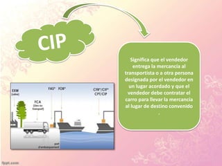 Significa que el vendedor
entrega la mercancía al
transportista o a otra persona
designada por el vendedor en
un lugar acordado y que el
vendedor debe contratar el
carro para llevar la mercancía
al lugar de destino convenido
.
 