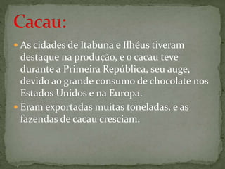  As cidades de Itabuna e Ilhéus tiveram
destaque na produção, e o cacau teve
durante a Primeira República, seu auge,
devido ao grande consumo de chocolate nos
Estados Unidos e na Europa.
 Eram exportadas muitas toneladas, e as
fazendas de cacau cresciam.
 