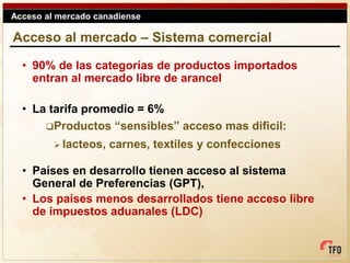 Acceso al mercado canadiense

Acceso al mercado – Sistema comercial

  • 90% de las categorías de productos importados
    entran al mercado libre de arancel

  • La tarifa promedio = 6%
      Productos “sensibles” acceso mas dificil:

          lacteos,   carnes, textiles y confecciones

  • Países en desarrollo tienen acceso al sistema
    General de Preferencias (GPT),
  • Los países menos desarrollados tiene acceso libre
    de impuestos aduanales (LDC)
 
