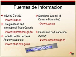 Fuentes de Informacion
Industry Canada            Standards Council of
  www.ic.gc.ca              Canada (Normativa)
Foreign Affairs and          www.scc.ca
 International Trade Canada
  www.international.gc.ca Canadian Food Inspection
Canada Border Services      Agency
 Agency (Aduanas)             www.inspection.gc.ca
  www.cbsa-asfc.gc.ca
 