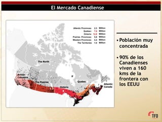 El Mercado Canadiense


                                       Atlantic Provinces: 2.3 Million
                                                  Québec: 7.9 Million
                                                  Ontario: 12.8 Million
                                       Prairies Provinces: 5.8 Million
                                       Western Provinces: 4.4 Million
                                            The Territories 1.0 Million
                                                                                • Población muy
                                                                                  concentrada

                                                                                • 90% de los
             The North
                                                                                  Canadienses
                                                                                  viven a 160
British                                                                           kms de la
Columbia

           The Prairies                    Quebec
                                                                                  frontera con
                             Ontario
                                                                     Atlantic
                                                                     Canada
                                                                                  los EEUU
 