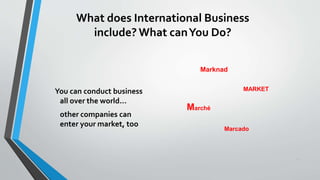 27
What does International Business
include? What canYou Do?
You can conduct business
all over the world…
other companies can
enter your market, too
Marcado
Marché
MARKET
Marknad
 