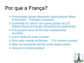 Por que a França? Proximidade países altamente consumidores Moda Praia Brasil  - Portugal e Espanha Facilidade de “entrar” em outros países da U.E.(Paises Baixos,Portugal e Espanha principalmente). França atrai cerca de 8% dos investimentos mundiais. Carro chefe da moda mundial País mais visitado do Mundo  - 11% turismo mundial Setor de transporte francês muito desenvolvido Governo e câmbio estável 