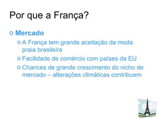 Por que a França? Mercado A França tem grande aceitação da moda praia brasileira Facilidade de comércio com países da EU Chances de grande crescimento do nicho de mercado – alterações climáticas contribuem 