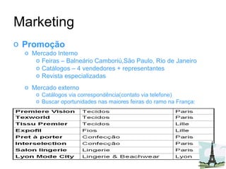 Marketing Promoção Mercado Interno Feiras – Balneário Camboriú,São Paulo, Rio de Janeiro Catálogos – 4 vendedores + representantes Revista especializadas Mercado externo Catálogos via correspondência(contato via telefone) Buscar oportunidades nas maiores feiras do ramo na França: 