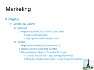 Marketing Ponto Locais de venda Nacional Região Litorânea do Sul de SC ao Litoral Lojas especializadas Lojas praianas(alta temporada) França Região Mediterrâneo(Quente e seco) Região Continental(Verão quente) Expansão para Bélgica, Espanha, Portugal Circuito Tradicional – lojas de departamentos Circuito grandes superfícies – hiper e Supermercados 