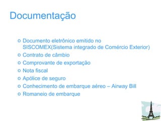 Documentação Documento eletrônico emitido no SISCOMEX(Sistema integrado de Comércio Exterior) Contrato de câmbio Comprovante de exportação Nota fiscal Apólice de seguro Conhecimento de embarque aéreo – Airway Bill Romaneio de embarque 
