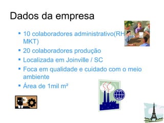 Dados da empresa 10 colaboradores administrativo(RH/Vendas/MKT) 20 colaboradores produção Localizada em Joinville / SC Foca em qualidade e cuidado com o meio ambiente Área de 1mil m ² 