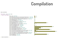 Compilation
BUILD SUCCESSFUL
Total time: 1 mins 45.011 secs
== Build Time Summary ==
:app:clean (0:00.667) ▇ 1%
:app:prepareAndroidBrasterLibraryUnspecifiedLibrary (0:00.926) ▇▇ 1%
:app:prepareComAndroidSupportAppcompatV72330Library (0:00.345) 0%
:app:prepareIoRealmRealmAndroidLibrary100Library (0:00.151) 0%
:app:mergeDebugAssets (0:00.058) 0%
:app:processDebugManifest (0:00.200) 0%
:app:fabricGenerateResourcesDebug (0:00.119) 0%
:app:mergeDebugResources (0:09.250) ▇▇▇▇▇▇▇▇▇▇▇▇▇▇▇▇▇▇▇▇▇▇▇▇▇▇ 9%
:app:dataBindingProcessLayoutsDebug (0:00.695) ▇ 1%
:app:generateDebugSettings (0:00.139) 0%
:app:processDebugResources (0:00.668) ▇ 1%
:app:compileDebugKotlin (0:13.807) ▇▇▇▇▇▇▇▇▇▇▇▇▇▇▇▇▇▇▇▇▇▇▇▇▇▇▇▇▇▇▇▇▇▇▇▇▇▇ 14%
:app:compileDebugJavaWithJavac (0:04.937) ▇▇▇▇▇▇▇▇▇▇▇▇▇▇ 5%
:app:compileDebugGroovyWithGroovyc (0:03.566) ▇▇▇▇▇▇▇▇▇▇ 4%
:app:compileDebugKotlinAfterJava (0:11.675) ▇▇▇▇▇▇▇▇▇▇▇▇▇▇▇▇▇▇▇▇▇▇▇▇▇▇▇▇▇▇▇▇▇ 12%
:app:transformClassesWithRealmTransformerForDebug (0:01.685) ▇▇▇▇ 2%
:app:transformClassesWithDexForDebug (0:37.963)<-- ▇▇▇▇▇▇▇▇▇▇▇▇▇▇▇▇▇▇▇▇▇▇▇▇▇▇▇▇▇▇▇▇▇▇▇▇▇▇▇▇▇▇▇▇▇ 39%
:app:transformNative_libsWithMergeJniLibsForDebug (0:00.516) ▇ 1%
:app:transformResourcesWithMergeJavaResForDebug (0:00.204) 0%
:app:packageDebug (0:09.790) ▇▇▇▇▇▇▇▇▇▇▇▇▇▇▇▇▇▇▇▇▇▇▇▇▇▇▇ 10%
:app:zipalignDebug (0:00.315) 0%
== BUILD SUCCESSFUL ==
 