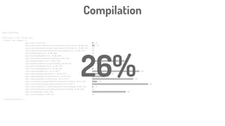 Compilation
BUILD SUCCESSFUL
Total time: 1 mins 45.011 secs
== Build Time Summary ==
:app:clean (0:00.667) ▇ 1%
:app:prepareAndroidBrasterLibraryUnspecifiedLibrary (0:00.926) ▇▇ 1%
:app:prepareComAndroidSupportAppcompatV72330Library (0:00.345) 0%
:app:prepareIoRealmRealmAndroidLibrary100Library (0:00.151) 0%
:app:mergeDebugAssets (0:00.058) 0%
:app:processDebugManifest (0:00.200) 0%
:app:fabricGenerateResourcesDebug (0:00.119) 0%
:app:mergeDebugResources (0:09.250) ▇▇▇▇▇▇▇▇▇▇▇▇▇▇▇▇▇▇▇▇▇▇▇▇▇▇ 9%
:app:dataBindingProcessLayoutsDebug (0:00.695) ▇ 1%
:app:generateDebugSettings (0:00.139) 0%
:app:processDebugResources (0:00.668) ▇ 1%
:app:compileDebugKotlin (0:13.807) ▇▇▇▇▇▇▇▇▇▇▇▇▇▇▇▇▇▇▇▇▇▇▇▇▇▇▇▇▇▇▇▇▇▇▇▇▇▇ 14%
:app:compileDebugJavaWithJavac (0:04.937) ▇▇▇▇▇▇▇▇▇▇▇▇▇▇ 5%
:app:compileDebugGroovyWithGroovyc (0:03.566) ▇▇▇▇▇▇▇▇▇▇ 4%
:app:compileDebugKotlinAfterJava (0:11.675) ▇▇▇▇▇▇▇▇▇▇▇▇▇▇▇▇▇▇▇▇▇▇▇▇▇▇▇▇▇▇▇▇▇ 12%
:app:transformClassesWithRealmTransformerForDebug (0:01.685) ▇▇▇▇ 2%
:app:transformClassesWithDexForDebug (0:37.963)<-- ▇▇▇▇▇▇▇▇▇▇▇▇▇▇▇▇▇▇▇▇▇▇▇▇▇▇▇▇▇▇▇▇▇▇▇▇▇▇▇▇▇▇▇▇▇ 39%
:app:transformNative_libsWithMergeJniLibsForDebug (0:00.516) ▇ 1%
:app:transformResourcesWithMergeJavaResForDebug (0:00.204) 0%
:app:packageDebug (0:09.790) ▇▇▇▇▇▇▇▇▇▇▇▇▇▇▇▇▇▇▇▇▇▇▇▇▇▇▇ 10%
:app:zipalignDebug (0:00.315) 0%
== BUILD SUCCESSFUL ==
26%
 
