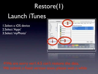 Restore(1)
    Launch iTunes
                                        2
1.Select a iOS device
2.Select ‘Apps’
3.Select ‘myP...