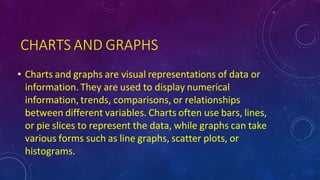 CHARTS AND GRAPHS
• Charts and graphs are visual representations of data or
information. They are used to display numerical
information, trends, comparisons, or relationships
between different variables. Charts often use bars, lines,
or pie slices to represent the data, while graphs can take
various forms such as line graphs, scatter plots, or
histograms.
 