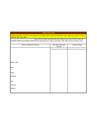 Negative Declaration Form Export documents | PDF