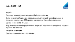 Кейс BRAZ LINE
Задача
Создание экспорто-орентированной digital-стратегии
Сайта-каталога в Украине и с возможностью быстрой трансформации в
интернет-магазин для B2C продаж в Украине и Европейских странах.
Страна приоритета - Польша
Разработка стратегии продвижения и прямых построение продаж со склада в
Украине и в Польше
Товарная категория
Изделия для ремонта из алюминия
 