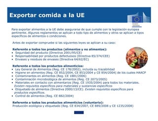 Exportar comida a la UE

Para exportar alimentos a la UE debe asegurarse de que cumple con la legislación europea
pertinente. Algunos reglamentos se aplican a todo tipo de alimentos y otros se aplican a tipos
específicos de alimentos o condiciones.

Antes de exportar compruebe si las siguientes leyes se aplican a su caso:

 Referente a todos los productos (alimentos y no alimentos):
• Seguridad del producto (Directiva 2001/95/CE)
• Responsabilidad por productos defectuosos (Directiva 85/374/CEE)
• Envases y residuos de envases (Directiva 64/62/EC)

 Referente a todos los productos alimenticios:
• Ley General de Alimentos (Reg. CE 178/2002), incluida su trazabilidad
• Higiene en alimentos (Reg. CE 852/2004, CE 853/2004 y CE 854/2004) de los cuales HAACP
• Contaminantes en alimentos (Reg. CE 1881/2006)
• Contaminación microbiológica de alimentos (Reg. CE 2073/2005)
• Materiales en contacto con alimentarios (Reg. CE 1935/2004) para todos los materiales.
  Existen requisitos específicos para materiales y sustancias específicos
• Etiquetado de alimentos (Directiva 2000/13/CE). Existen requisitos específicos para
  productos específicos.
• Control de alimentos (Reg. CE 882/2004)

Referente a todos los productos alimenticios (voluntario):
Producción ecológica y etiquetado (Reg. CE 834/2007, CE 889/2008 y CE 1235/2008)
 