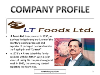 15
• LT Foods Ltd, incorporated in 1990, as
a private limited company is one of the
country’s leading processor and
exporter of packaged rice foods under
the flagship brand “Daawat”
• In 1978 V K Arora joined the family
business with his father, with a clear
vision of taking his company to a global
level. In 1980, the company started
exporting Premium Rice.
Can't Outplay? Outwork!
 