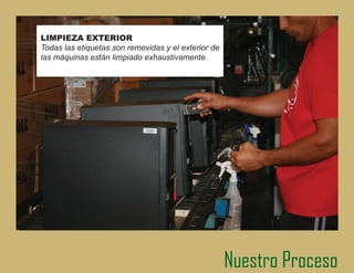 INVENTARIO
Compucycle genera un número de
seguimiento independiente que hace
referencia cruzada con los números de serie
 HVSHFL¿FDFLRQHV WpFQLFDV  DVL HQWUD D
nuestro sistema de inventario.




                                              Nuestro Proceso
 