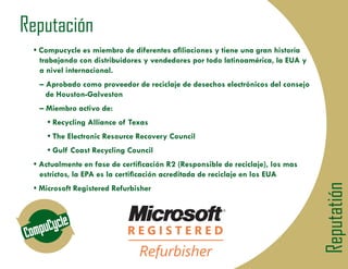 Reputación
 ‡ RPSXFFOH HV PLHPEUR GH GLIHUHQWHV DÀOLDFLRQHV  WLHQH XQD JUDQ KLVWRUtD
   WUDEDMDQGR FRQ GLVWULEXLGRUHV  YHQGHGRUHV SRU WRGR ODWLQRDPpULFD OD (8$ 
   D QLYHO LQWHUQDFLRQDO
  ² $SUREDGR FRPR SURYHHGRU GH UHFLFODMH GH GHVHFKRV HOHFWUyQLFRV GHO FRQVHMR
    GH +RXVWRQ*DOYHVWRQ
  ² 0LHPEUR DFWLYR GH
     ‡ 5HFFOLQJ $OOLDQFH RI 7H[DV
     ‡ 7KH (OHFWURQLF 5HVRXUFH 5HFRYHU RXQFLO
     ‡ *XOI RDVW 5HFFOLQJ RXQFLO
 ‡ $FWXDOPHQWH HQ IDVH GH FHUWLÀFDFLyQ 5 5HVSRQVLEOH GH UHFLFODMH 