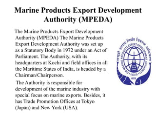 Marine Products Export Development
Authority (MPEDA)
The Marine Products Export Development
Authority (MPEDA) The Marine Products
Export Development Authority was set up
as a Statutory Body in 1972 under an Act of
Parliament. The Authority, with its
headquarters at Kochi and field offices in all
the Maritime States of India, is headed by a
Chairman/Chairperson.
The Authority is responsible for
development of the marine industry with
special focus on marine exports. Besides, it
has Trade Promotion Offices at Tokyo
(Japan) and New York (USA).
 