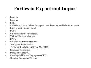 Parties in Export and Import
• Importer
• Exporter
• RBI,
• Authorized dealers (where the exporter and Importer has his bank Account),
• Buyer’s bank (foreign bank),
• DGFT,
• Customs and Port Authorities,
• VAT and Excise Authorities,
• EPC’s,
• Government & their Ministry
• Testing and Laboratories
• Different Boards like APEDA, MAPEDA
• Insurance Companies,
• Inspection Agencies,
• Clearing and Forwarding Agents (C&F),
• Shipping Companies/Airlines
 