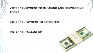 STEP 11 -PAYMENT TO CLEARING AND FORWARDING
AGENT
STEP 12 - PAYMENT TO EXPORTER
STEP 13 - FOLLOW UP
 