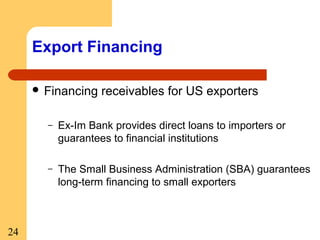 Export Financing
 Financing

receivables for US exporters

–

–

24

Ex-Im Bank provides direct loans to importers or
guarantees to financial institutions
The Small Business Administration (SBA) guarantees
long-term financing to small exporters

 