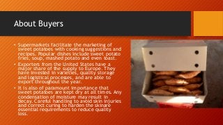 About Buyers
• Supermarkets facilitate the marketing of
sweet potatoes with cooking suggestions and
recipes. Popular dishes include sweet potato
fries, soup, mashed potato and even toast.
• Exporters from the United States have a
major share of the supply to Europe. They
have invested in varieties, quality storage
and logistical processes, and are able to
export throughout the year.
• It is also of paramount importance that
sweet potatoes are kept dry at all times. Any
condensation of moisture may result in
decay. Careful handling to avoid skin injuries
and correct curing to harden the skinare
essential requirements to reduce quality
loss.
 