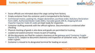 Factory stuffing of containers
FrontalRain Technologies Pvt Ltd.
• Excise officials are intimated about the cargo carting from factory.
• Empty container from the container yard is transported to the factory.
• Commercial invoice, packing list, shipper declaration, purchase order, Statutory Declaration
Form (SDF), Authorized Dealer Code (ADC), Excisable goods (AR-4), shipping bill and
Importer Exporter Code (IE code) are kept ready for inspection.
• Container stuffing proceeds with the official vigilance. Documentation is endorsed after
checking.
• Physical checking of goods is also done and goods are permitted to trucking.
• Loaded and sealed container moves to port of loading.
• All the documents are filed for customs clearance at the gateway port/ Container Freight
Station (CFS). Subject to document clearance and inspection of container seals, ‘Let Export’
order is given.
• Container is moved to its designated terminal for loading on vessel.
 