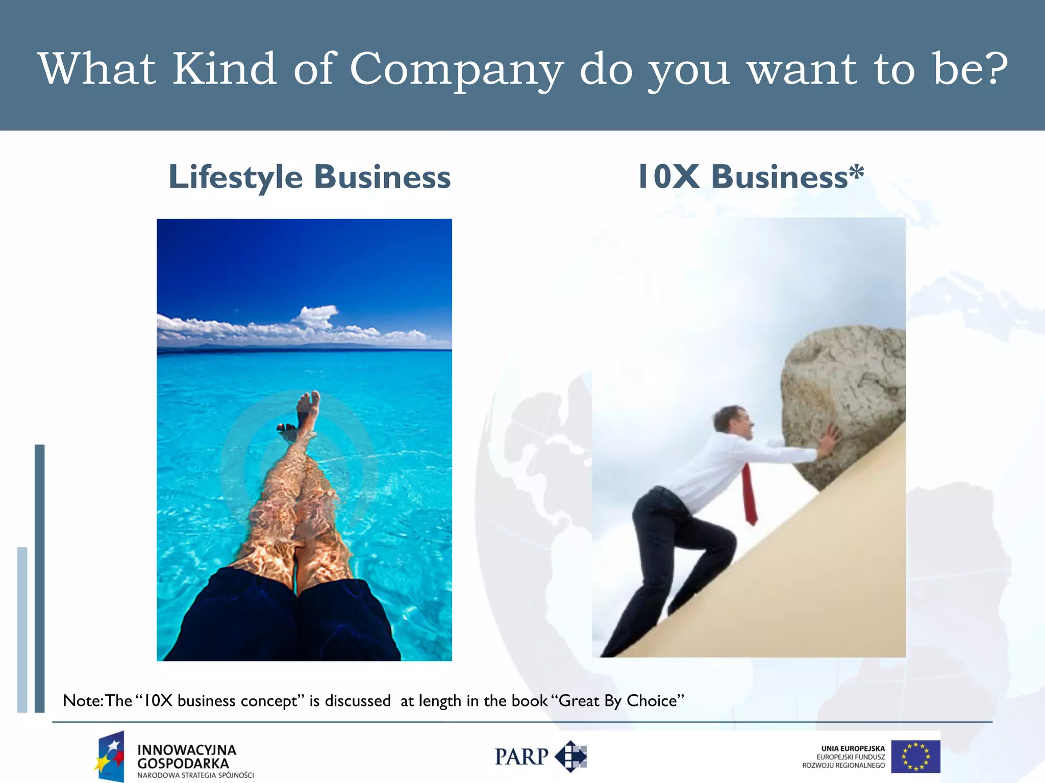What Kind of Company do you want to be?

               Lifestyle Business                                              10X Business*




 Note: The “10X business concept” is discussed at length in the book “Great By Choice”
 