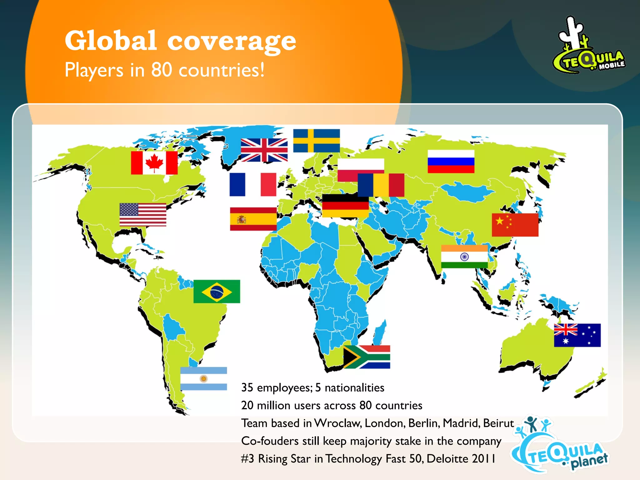 Global coverage                                              GLOBAL
Players in 80 countries!
                                                             GROUP
                                               V     E     N      T     U    R     E     S
                                               Venture Consulting / Private Equity Services




                     35 employees; 5 nationalities
                     20 million users across 80 countries
                     Team based in Wroclaw, London, Berlin, Madrid, Beirut
                     Co-fouders still keep majority stake in the company
                     #3 Rising Star in Technology Fast 50, Deloitte 2011
 