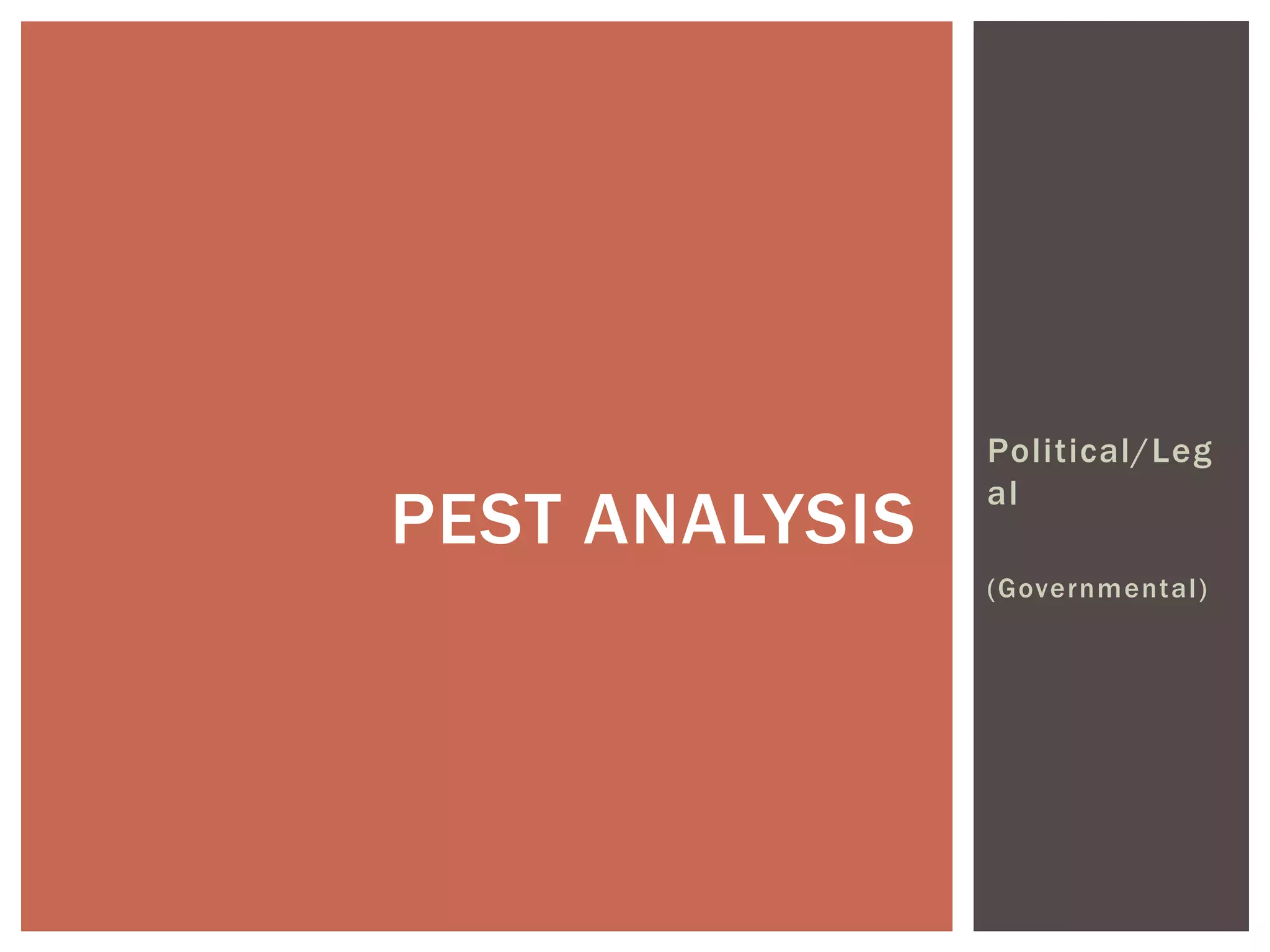 PEST ANALYSIS
Political/Leg
al
(Governmental )