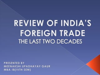 REVIEW OF INDIA’S FOREIGN TRADE  THE LAST TWO DECADES  PRESENTED BY  MEENAKSHI UPADHAYAY GAUR MBA-IB(IVTH SEM) 