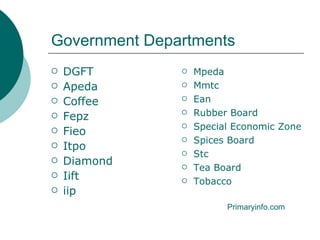 Government Departments DGFT Apeda Coffee Fepz Fieo Itpo Diamond Iift iip Mpeda Mmtc Ean Rubber Board Special Economic Zones Spices Board Stc Tea Board Tobacco Primaryinfo.com 