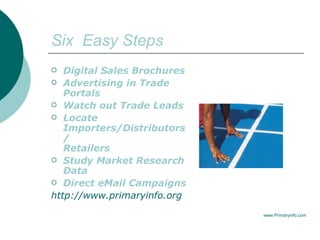 Six  Easy Steps Digital Sales Brochures Advertising in Trade Portals Watch out Trade Leads Locate Importers/Distributors/ Retailers Study Market Research Data Direct eMail Campaigns http://www.primaryinfo.org www.Primaryinfo.com 