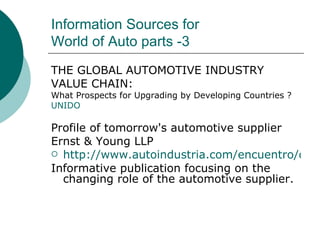 Information Sources for  World of Auto parts -3 THE GLOBAL AUTOMOTIVE INDUSTRY VALUE CHAIN: What Prospects for Upgrading by Developing Countries ? UNIDO Profile of tomorrow's automotive supplier Ernst & Young LLP http://www.autoindustria.com/encuentro/documentos/automotive_supplier_capgemini.pdf Informative publication focusing on the changing role of the automotive supplier. 