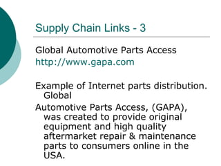 Supply Chain Links - 3 Global Automotive Parts Access http://www.gapa.com Example of Internet parts distribution. Global Automotive Parts Access, (GAPA), was created to provide original equipment and high quality aftermarket repair & maintenance parts to consumers online in the USA. 