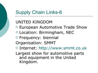 Supply Chain Links-6 UNITED KINGDOM European Automotive Trade Show Location: Birmingham, NEC Frequency: biennial Organisation: SMMT Internet:  http://www.smmt.co.uk Largest show for automotive parts and equipment in the United Kingdom. 