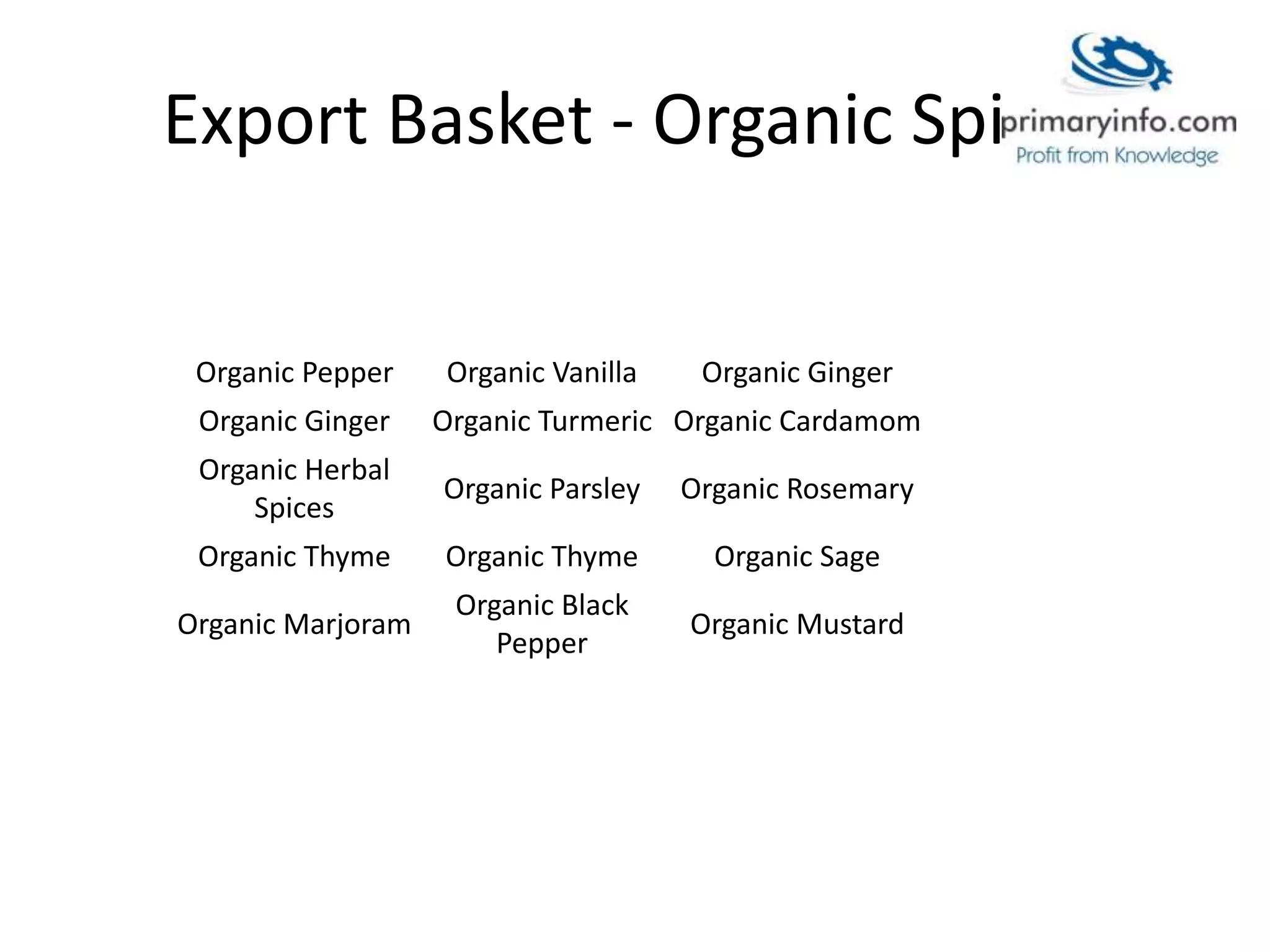 Export Basket - Organic Spices
Organic Pepper Organic Vanilla Organic Ginger
Organic Ginger Organic Turmeric Organic Cardamom
Organic Herbal
Spices
Organic Parsley Organic Rosemary
Organic Thyme Organic Thyme Organic Sage
Organic Marjoram
Organic Black
Pepper
Organic Mustard
 