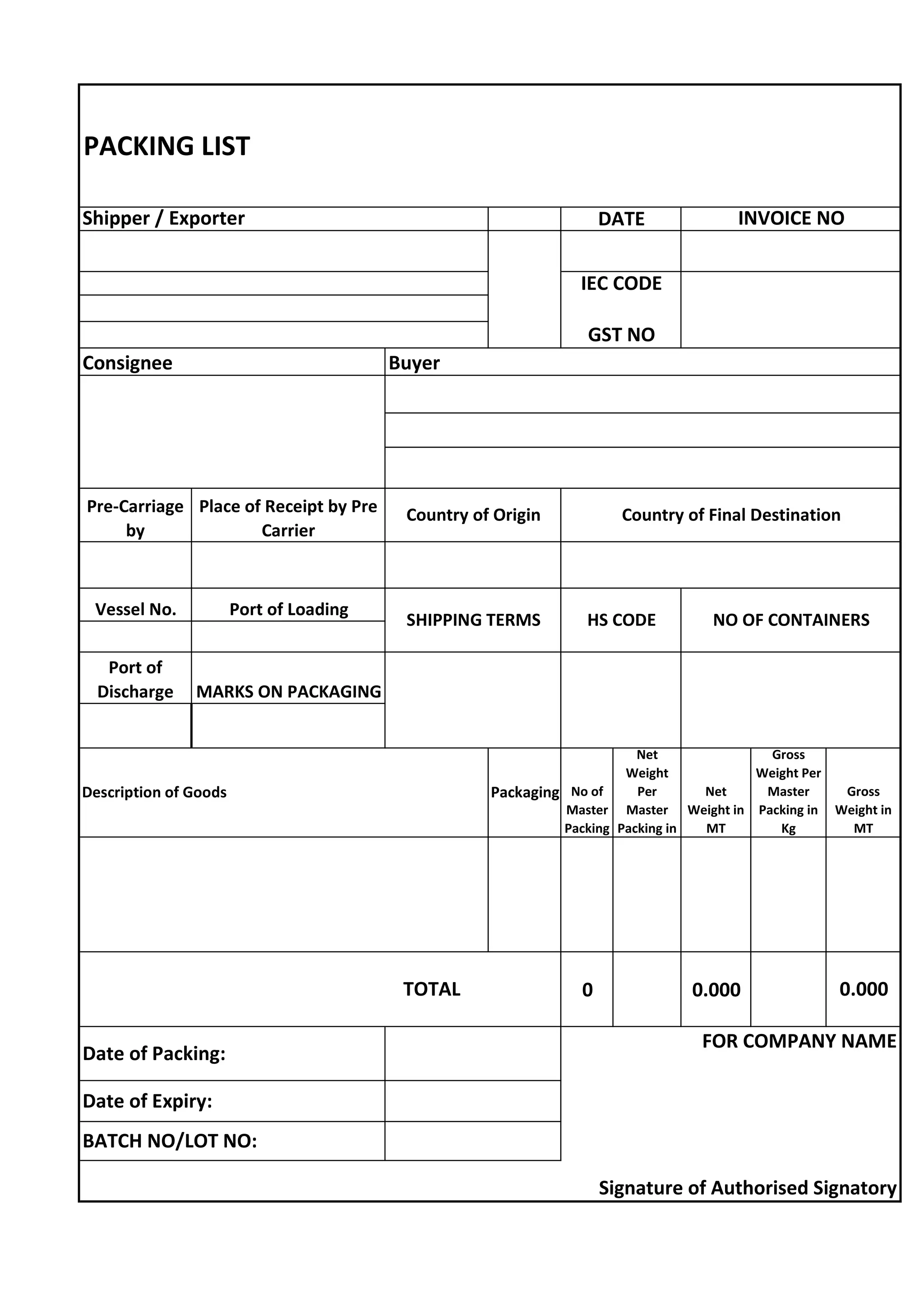 0 0.000
Date of Expiry:
BATCH NO/LOT NO:
Place of Receipt by Pre
Carrier
Country of Origin
DATE
Consignee
Signature of Authorised Signatory
Date of Packing:
FOR COMPANY NAME
0.000
Net
Weight
Per
Master
Packing in
Net
Weight in
MT
No of
Master
Packing
SHIPPING TERMS HS CODE NO OF CONTAINERS
Port of Loading
Pre-Carriage
by
Country of Final Destination
Gross
Weight Per
Master
Packing in
Kg
Gross
Weight in
MT
PACKING LIST
INVOICE NO
Vessel No.
Shipper / Exporter
TOTAL
Packaging
Description of Goods
MARKS ON PACKAGING
Port of
Discharge
Buyer
IEC CODE
GST NO