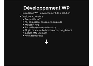 Développement WP 
Installation WP + environnement de la solution 
Quelques extensions : 
Contact Form 7 
ACF (si possible ...