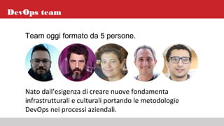 DevOps team
Team oggi formato da 5 persone.
Nato dall’esigenza di creare nuove fondamenta
infrastrutturali e culturali portando le metodologie
DevOps nei processi aziendali.
 