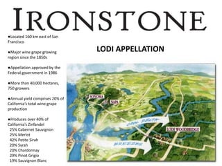 LODI APPELLATION
●Located 160 km east of San
Francisco
●Major wine grape growing
region since the 1850s
●Appellation approved by the
Federal government in 1986
●More than 40,000 hectares,
750 growers
●Annual yield comprises 20% of
California’s total wine grape
production
●Produces over 40% of
California’s Zinfandel
25% Cabernet Sauvignon
25% Merlot
42% Petite Sirah
20% Syrah
20% Chardonnay
29% Pinot Grigio
19% Sauvignon Blanc
 