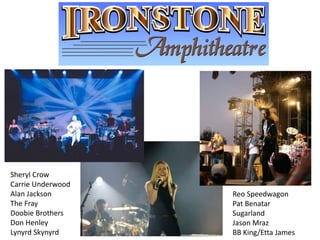 Sheryl Crow
Carrie Underwood
Alan Jackson
The Fray
Doobie Brothers
Don Henley
Lynyrd Skynyrd
Reo Speedwagon
Pat Benatar
Sugarland
Jason Mraz
BB King/Etta James
 