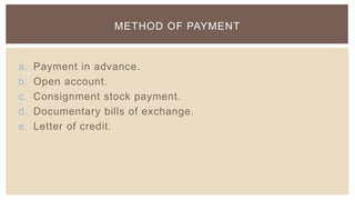 METHOD OF PAYMENT


a.   Payment in advance.
b.   Open account.
c.   Consignment stock payment.
d.   Documentary bills of exchange.
e.   Letter of credit.
 