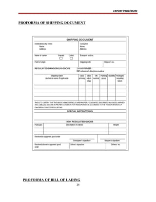 EXPORT PROCEDURE
PROFORMA OF SHIPPING DOCUMENT
PROFORMA OF BILL OF LADING
24
 